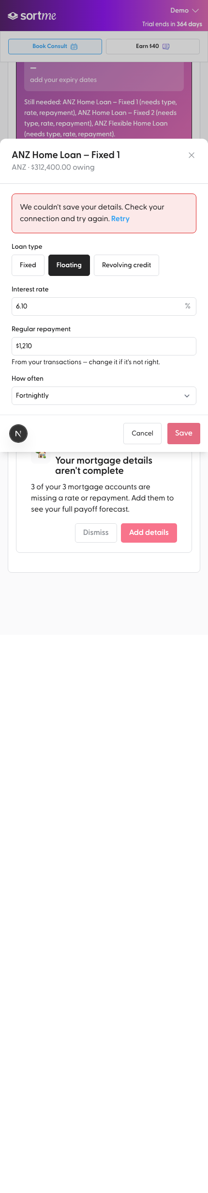 Save and see the failure with the typed values kept (mobile)