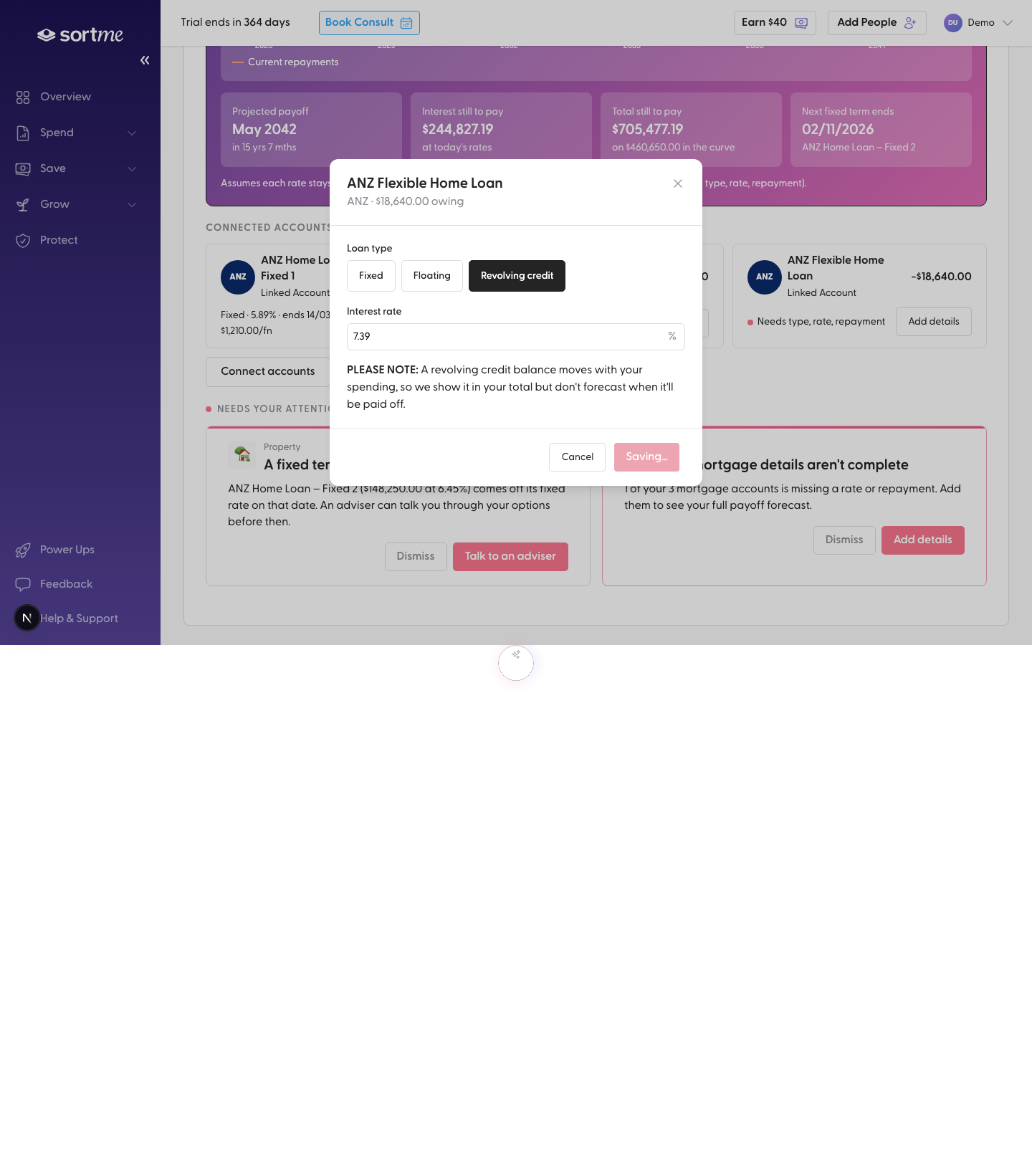 Mark the flexible account as revolving credit (desktop)